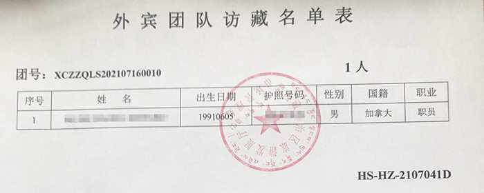 2021年外宾入藏函附件名单模板